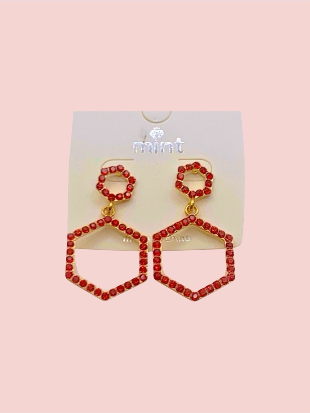 Mint Gold Plated & Red Crystal Octagon Costume Jewelry Earrings
